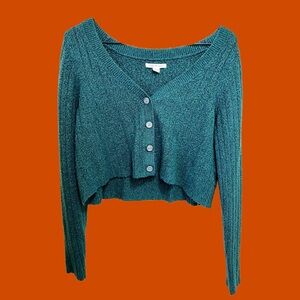 American Eagle Outfitters Cropped, Ribbed Fuzzy Green Button-Up Cardigan Size XS